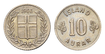 Исландия 10 эйре 1966 KM 10 медно-никель UNC 4696-265