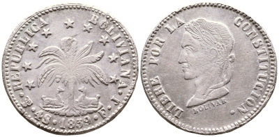 Боливия 4 соля 1859 FJ KM 123.3 серебро 00-00