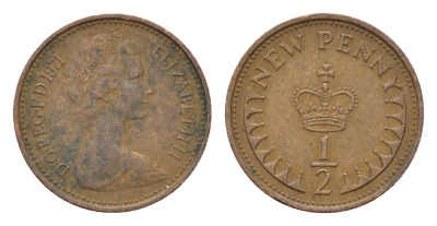 Великобритания 1/2 пенни 1971 Елизавета II (1952-2022) KM 914, Spink 4239 бронза 4708-338