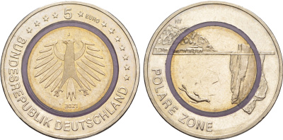 ФРГ 5 евро 2021 J, Полярная зона KM 401 биметалл UNC  4635-1154