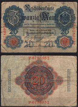 Германия 20 марок 1914 Pick 46b бумага 8592-33-1-1
