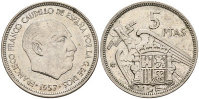 Испания 5 песет 1957 (74) 1957 год, Франсиско Франко (1939-1975) KM 786 медно-никель    4143-222