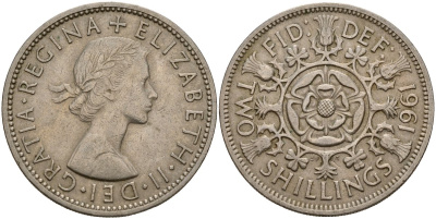 Великобритания 2 шиллинга (флорин) 1961 Елизавета II (1952-2022) KM 906, Spink 4146 медно-никель 4187-1111