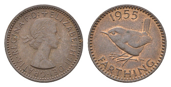 Великобритания 1 фартинг 1955 Елизавета II (1952-2022) KM 895, Spink 4195 бронза 4659-835