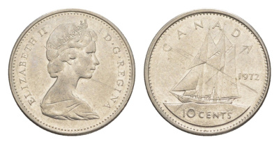 Канада 10 центов 1972 Елизавета II (1952-2022), парусник KM 77 никель 4639-625