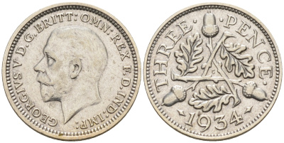 Великобритания 3 пенса 1934 Георг V (1910-1936) KM 831, Spink 4042 серебро 4588-565