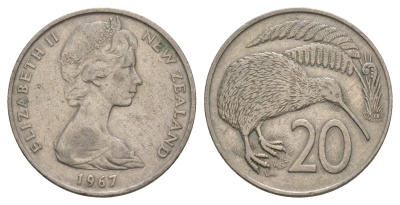 Новая Зеландия 20 центов 1967 Елизавета II (1952-2022), птичка киви KM 36.1 медно-никель 4653-221