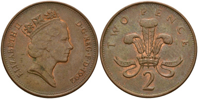 Великобритания 2 пенса 1992 Елизавета II (1952-2022) KM 936a, Spink 4376 бронза 4156-524