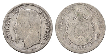 Франция 1 франк 1868 A, Наполеон III (1852-1870) KM 866.1 серебро 51-1755