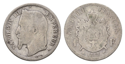 Франция 1 франк 1868 A, Наполеон III (1852-1870) KM 866.1 серебро 51-1755