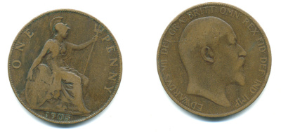 Великобритания 1 пенни 1905 Эдуард VII (1901-1910) KM 794.2, Spink 3990 бронза 4383-546