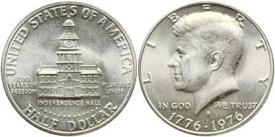 США 1/2 доллара (50 центов) 1976 S, 200 лет независимости KM 205a серебро UNC 00-00