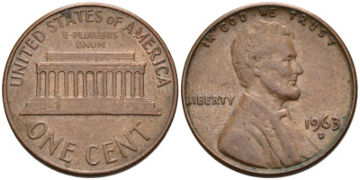 США 1 цент 1963 D, Линкольн KM 201 медь цинк 4564-428