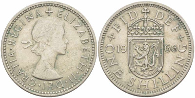 Великобритания 1 шиллинг 1966 Елизавета II (1952-2022), Шотландский герб KM 905, Spink 4148 медно-никель 34-726