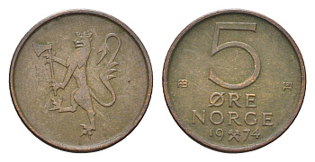 Норвегия 5 эре 1974 Улаф V (1957-1991) KM 415 бронза 4684-725