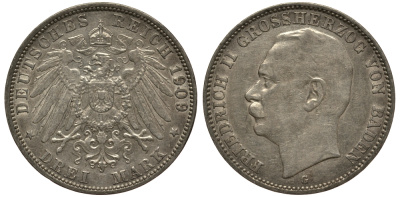 Баден 3 марки 1909 Фридрих II (1907-1918) J. 39, KM 280 серебро    3711-1632