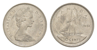 Канада 10 центов 1974 Елизавета II (1952-2022), парусник KM 77 никель 4639-631