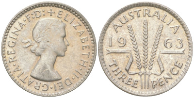 Австралия 3 пенса 1963 Елизавета II (1952-2022) KM 57 серебро 4623-137