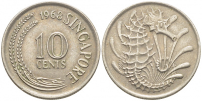 Сингапур 10 центов 1968 морской конек KM 3 медно-никель 105-1256