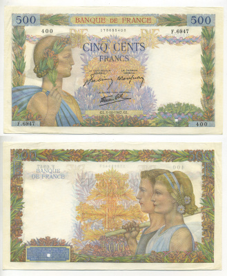 ФРАНЦИЯ 500 ФРАНКОВ 1942 Pick 95b бумага аUNC 7552-14-2