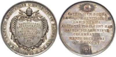 ВАТИКАН МЕДАЛЬ 1855 ПАПА БЕНЕДИКТ БАРБЕРИНИ, НАДПИСЬ НА ЩИТЕ (СВЯТЕЙШАЯ ЛАТЕРАНСКАЯ ЦЕРКОВЬ, МАТЬ И ГЛАВА ВСЕХ ЦЕРКВЕЙ ГОРОДА И МИРА), ДИАМЕТР 43,5 ММ., МЕДАЛЬЕР PASIMATI серебро 1084-2-21