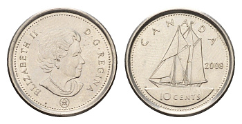 Канада 10 центов 2009 Leaf, Елизавета II (1952-2022), парусник KM 492 сталь плакированная никелем UNC 4689-628