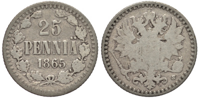 РОССИЯ ДЛЯ ФИНЛЯНДИИ 25 ПЕННИ 1865 S, АЛЕКСАНДР II KM 6.1, Биткин 641 серебро 443-742