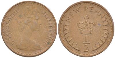Великобритания 1/2 пенни 1973 Елизавета II (1952-2022) KM 914, Spink 4239 бронза 3851-1061