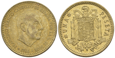 Испания 1 песета 1966 (74) Франсиско Франко (1939-1975) KM 796 алюминиевая бронза 85-651