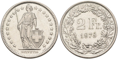 Швейцария 2 франка 1979 KM 21а медно-никель UNC 88-1123