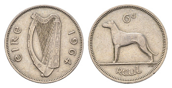 Ирландия 6 пенсов 1964 собака, ирландский волкодав KM 13a медно-никель 4687-937