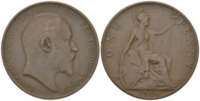 Великобритания 1 пенни 1906 Эдуард VII (1901-1910) KM 794.2, Spink 3990 бронза 221-441