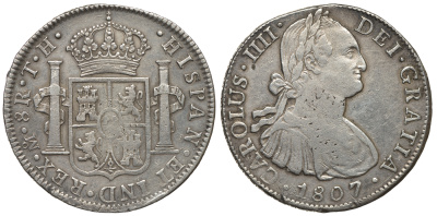 Мексика 8 реалов 1807 TH, Карл IV KM 109 серебро 11-273-35
