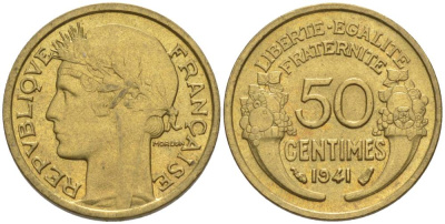 ФРАНЦИЯ 50 САНТИМОВ 1941 ТИП MORLON KM 894.1, LE FRANC 192.18 алюминиевая бронза 44-615