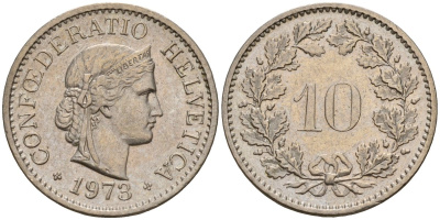 Швейцария 10 раппенов 1973 KM 27 медно-никель 4189-422