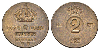 Швеция 2 эре 1962 U, Густав VI Адольф (1950-1973) KM 821 бронза 4701-946