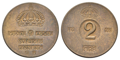 Швеция 2 эре 1962 U, Густав VI Адольф (1950-1973) KM 821 бронза 4701-946