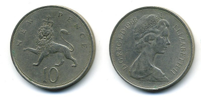 Великобритания 10 пенсов 1968 Елизавета II (1952-2022) KM 912, Spink 4231 (F1) медно-никель  4110-1112