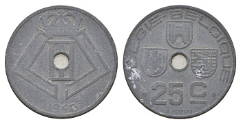 Бельгия 25 сантимов 1946 Belgie - Belgique, Леопольд III (1934-1947), германская оккупация, Вторая мировая война KM 132 цинк 4704-1036