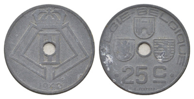 Бельгия 25 сантимов 1946 Belgie - Belgique, Леопольд III (1934-1947), германская оккупация, Вторая мировая война KM 132 цинк 4704-1036