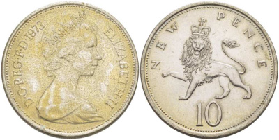 Великобритания 10 пенсов 1973 Елизавета II (1952-2022) KM 912, Spink 4231 (F1) медно-никель 4403-1215