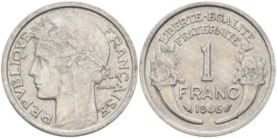 Франция 1 франк 1946 тип Lourde KM 885а, Le Franc 221.9 алюминий 4126-856