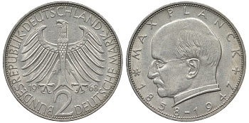 ФРГ 2 марки 1968 F, Макс Планк KM 116,  J. 392 медно-никель плакированный никелем 4681-753