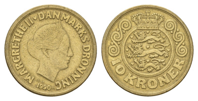 Дания 10 крон 1990 Маргрете II (1972-2024) KM 867 алюминиевая бронза 3459-924