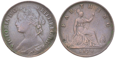 Великобритания 1 фартинг 1874 H, Виктория (1837-1901) KM 753, Spink 3959 бронза 4613-427