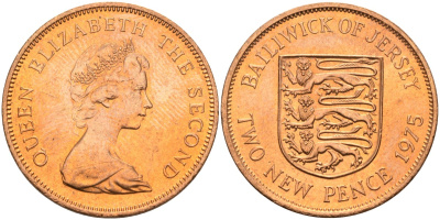 Джерси 2 пенса 1975 герб, Елизавета II (1952-2022) KM 31 бронза UNC 4367-422