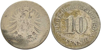 Германия 10 пфеннигов 1876 старогербовка KM 4, Jager 4, Weege 7 медно-никель 212-727