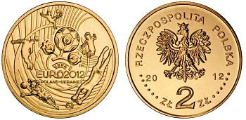 Польша 2 злотых 2012 чемпионат Европы по футболу, евро 2012, УЕФА, Польша-Украина KM 823 латунь UNC 4566-116