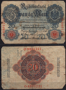 Германия 20 марок 1914 Pick 46b бумага 8592-30-1-1