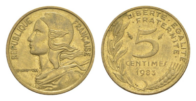 Франция 5 сантимов 1983 тип Morlon KM 933, Le Franc 125.19 алюминиевая бронза 4630-339